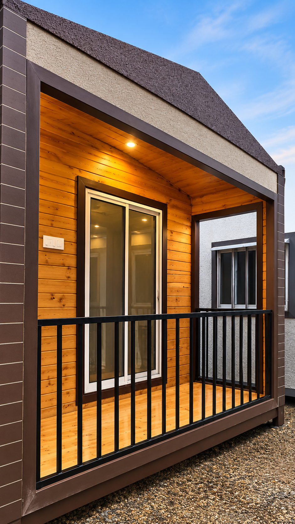 Cozy Modern Cabin Porch at Dusk